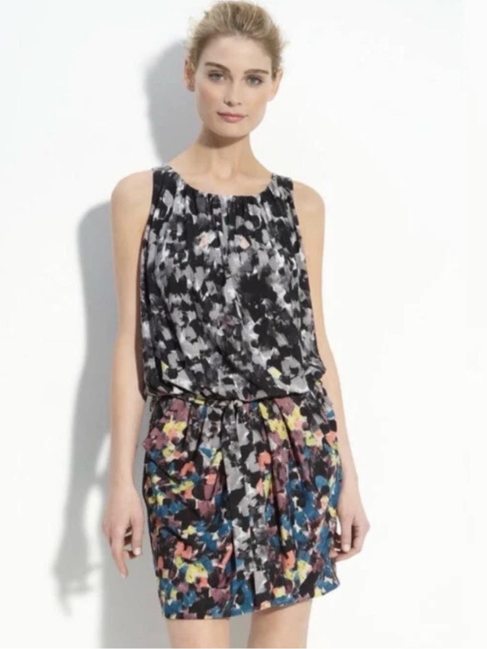 BCBGMAXAZRIA Janis Abstract Drop Waist Tie Mini Dress Pockets Size S